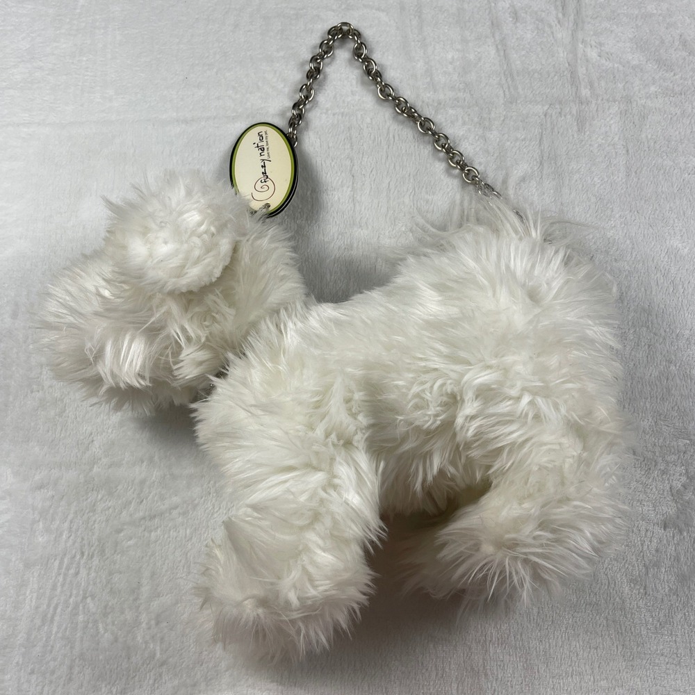 Fuzzy Nation Teacup Bichon Frise Plush Dog Purse White Faux Fur Chain Strap NWT